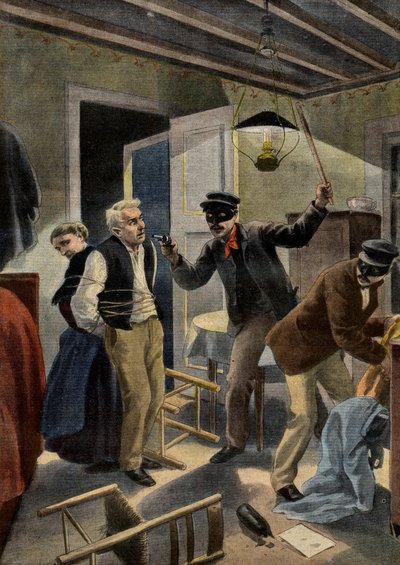 Banditry - An elderly couple robbed by masked intruders in their home in the Gers, France. Illustration for Le Petit Journal, 26 January 1902 by French School
