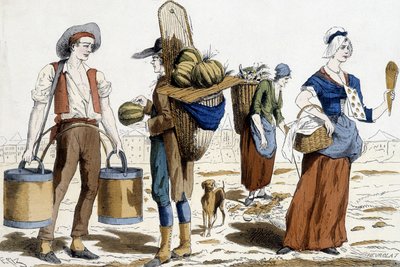 Illustration of Paris costumes in the 18th century: water carrier, merchant of melons, chiffonnier, merchant of pleasures by French School
