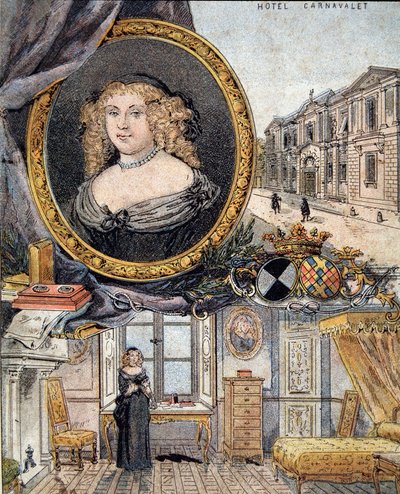 Portrait of Marie de Rabutin-Chantal, Marquise of Sevigne known as Madame de Sevigne (1626-1696) and her residence Hotel Carnavalet by French School