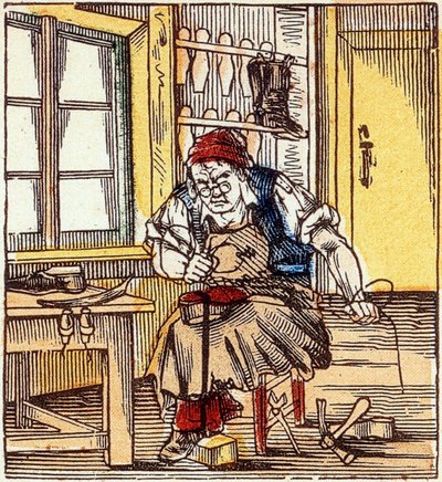 Profession: shoemaker repairing a sole, end of 19th century by French School