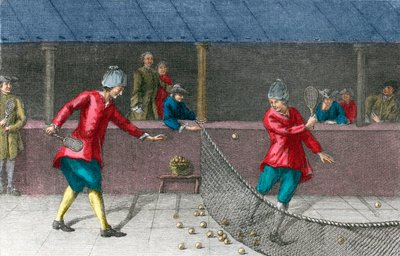 Short palm gold real tennis - View of a palm game in the 18th century by French School