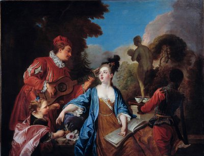Taste it in a park. Young people of the nobility get served tea in the garden by a young black servant. Painting of the French School. 18th century by French School