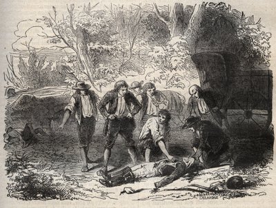 The Lyon mail post affair - the mail coach is attacked in Seine-et-Marne by 5 individuals on 28 April 1796. Engraving in 