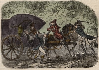 The Lyon mail post affair - Affaire du courrier de Lyon - la malle-poste is attacked in Seine et Marne by 5 individuals on 28 April 1796 - Engraving in 