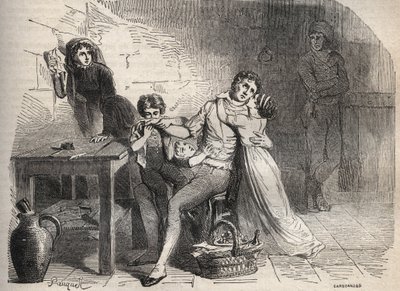 The Lyon mail post affair - Case of the Lyon mail: The farewell of Joseph Lesurques to his family: supposedly involved in the case of the Lyon mail in 1796 he was wrongly accused of having attacked the Lyon post trunk and was guillotined - Engraving in by French School
