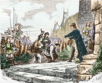 The dolphin Louis (then Louis XI), the Duke John II of Alençon and the Duke Charles I of Bourbon ask forgiveness to King Charles VII by French School