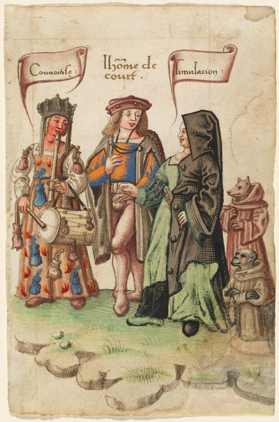 A Courtier Standing Between Covetousness and Dissimulation (fol. 14 recto) by French early 16th Century