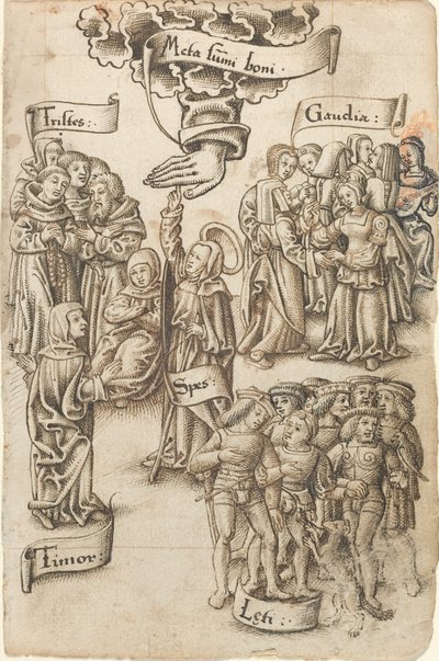 Hope, Reaching for Heaven, Stands among Sad and Happy Men, Joys, and Fear by French early 16th Century