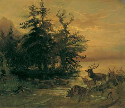 Deer Wallowing on the Shore of a Mountain Lake by Friedrich August Mathias Gauermann