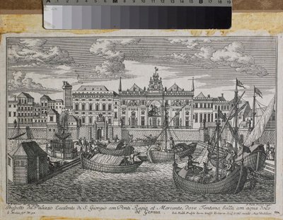 Plan of Genoa depicting the Royal Bridge, the New Bridge of Mercanzia and the Palace of St. George seen from the sea, c.1750 by Friedrich Bernhard Werner