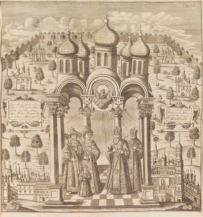 Feodor III, Peter I, Ivan V and Patriarch Adrian I. From Das veraenderte Russland, 1721 by Friedrich Christian Weber