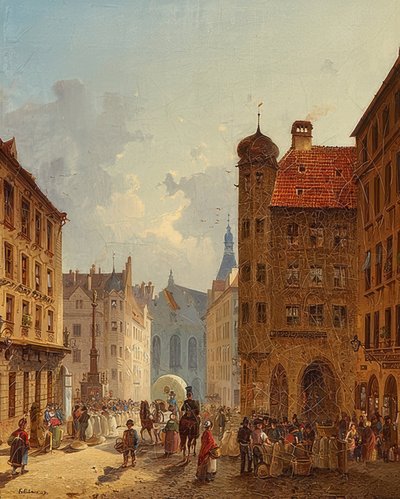 Munich - View from Kaufingerstraße to the Old Town Hall. 1849 by Friedrich Eibner