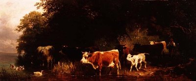 Wooded river landscape with drover and cattle watering by Friedrich Johann Voltz