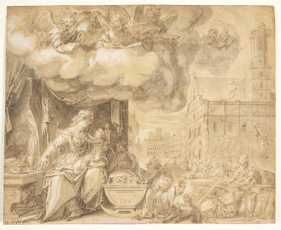 The Holy Family with Singing Angels. In the background, St. Michael