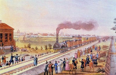 Arrival of the First Train from St. Petersburg to Tsarskoye Selo on 30 October 1837 (1837) by Friedrich von Martens