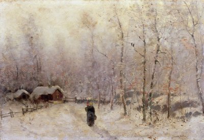 Woman with Child in Winter Landscape by Frithjof Smith Hald