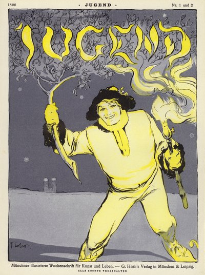 Man holding a branch and a torch by Fritz Erler