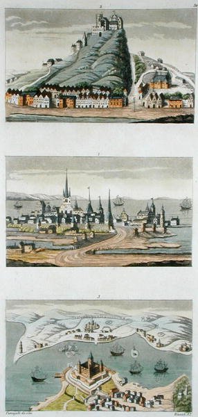 Scandinavian Ports (Top to Bottom: Copenhagen, Fortress of Segeburg, and Fort of Sund) c.1800-15, Plate 50 from 