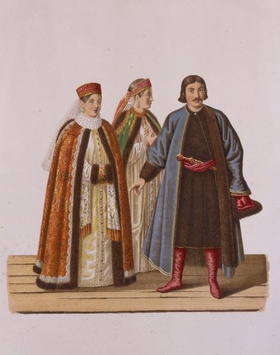Clothing of the unmarried Boyars daughters at the Time of Peter I, from the series Clothing of the by Fyodor Grigoryevich Solntsev