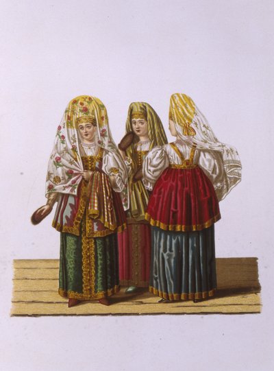 Costumes of Women and Maidens from Tver From the series Clothing of the Russian state by Fyodor Grigoryevich Solntsev