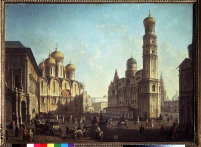 The cathedral square in the Moscow Kremlin. Painting by Fyodor Yakovlevich Alexeev (1753-1824). Russian classicism art. State Tretyakov Gallery, Moscow. by Fyodor Yakovlevich Alexeev