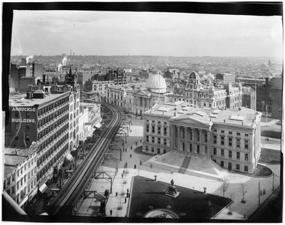 Brooklyn: high-angle City Hall (Borough Hall), Kings County Supreme Court, Mechanics Bank, Arbuckle Building, and the Park Theatre, c.1896-98 by G.P. and Son Hall