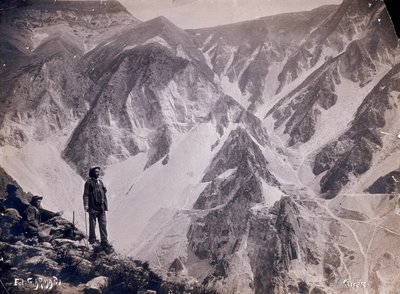 View of the Apuan Alps with the marble quarries. A few men admiring the view appear in the foreground. by G. Armani