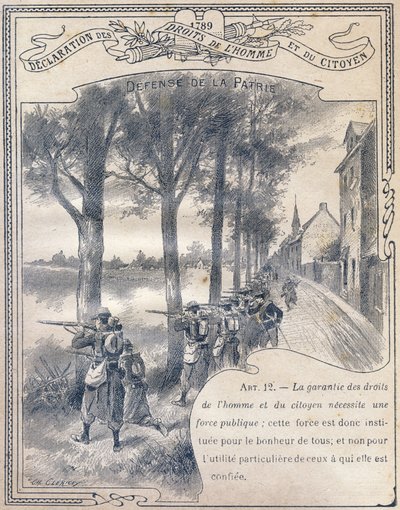 1789: Declaration of the Rights of Man and of the Citizen: Defense of the Homeland. Engraving in "The Unique Book of Morality and Civic Instruction, intended for students of the three courses of the Primary School and those of the primary classes of the Ly by G. Dascher