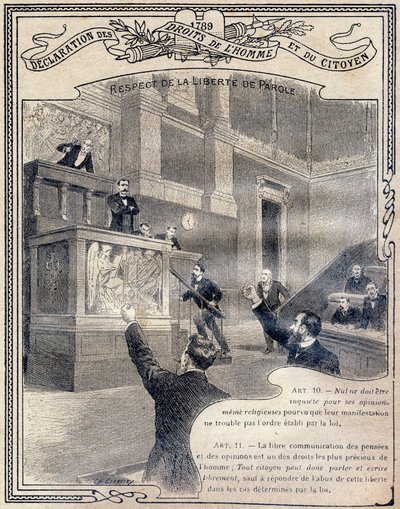 1789: Declaration of the Rights of Man and of the Citizen: Respect for Freedom of Speech. Engraving in 