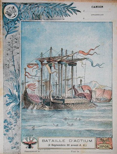 Cover of school exercise book illustrating the Battle of Actium, 2nd September 31 BC by G. Dascher