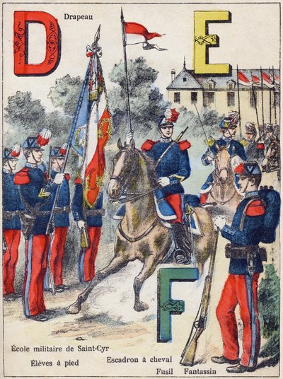 Letters D E F: Flag, Military School of Saint-Cyr (Saint Cyr), Eleves on foot, Horse Squadron, Rifle and Fantassin, c.1900 (lithograph) by G. Dascher