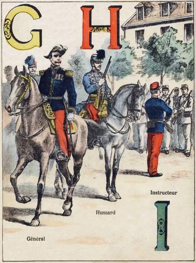 Letters G H I: General, Hussard and Instructor. Engraving in "Alphabet militaire", Grand-Bebe series. Engraving. Pont-a-Mousson imaging. Louis Vagne, Printer-Publisher, circa 1900. Illustrations by G. Dascher by G. Dascher