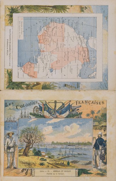 Map of French Possessions and Spheres of Influence in Africa and a View of the River Senegal, Cover of a School Exercise Book by G. Dascher