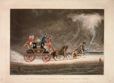 The mail coach in a thunderstorm on Newmarket Heath, Suffolk, 1827 by G Reeves
