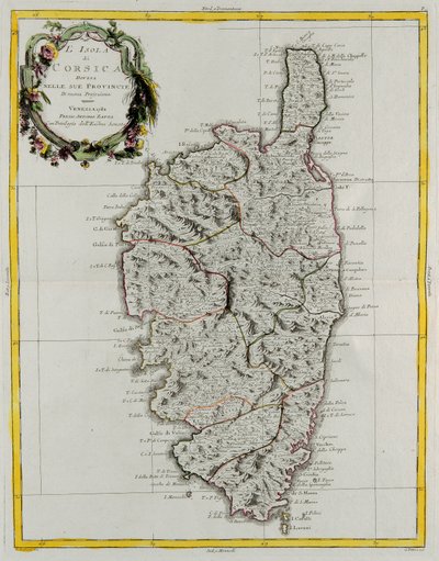 Island of Corsica divided into its provinces, engraving by G. Zuliani taken from Tome II of the 