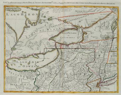 Pennsylvania, New York, southern New Jersey, with the western part of Connecticut, Massachusetts Bay and Land of the Iroquois, engraving by G. Zuliani taken from Tome I of the 