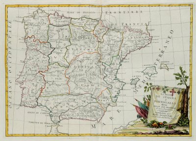 The Kingdoms of Spain and Portugal divided into their provinces, engraving by G. Zuliani taken from Tome I of the Newest Atlas published in Venice in 1775 by Antonio Zatta by G. Zuliani