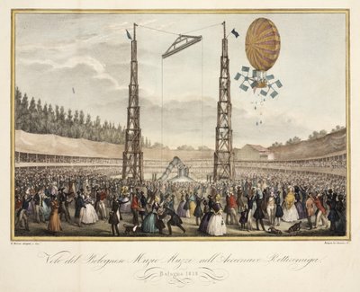 Flight of the Bolognese Muzio Muzzi (1809-46) in the Airship Retirremiga, 1838 by G. after Meloni