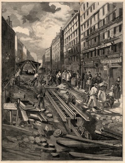 The Belleville funicular, laid the track, rue de Belleville in 1894. Engraving after M.G. de Burgrraff