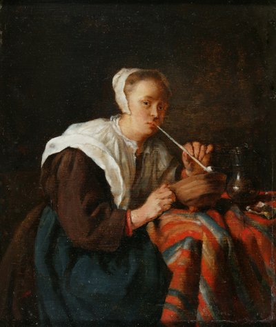 A Woman Seated Smoking a Pipe by Gabriel (after) Metsu
