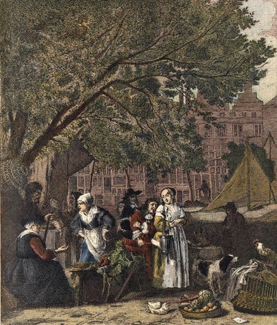 The Amsterdam Herb Market. Engraving 19th century after the painting of Gabriel Metsu (1629-1667). by Gabriel (after) Metsu