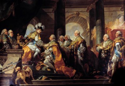 King Louis XVI received in Reims the tribute of the Knights of the Order of the Holy Spirit after his consecration on 13/06/1775 (detail) by Gabriel Francois Doyen