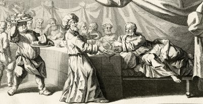 Jesus invited to dinner with the Pharisee (illustration from the Gospel of Saint Luke, chapter 11:37, 1728) by Gabriel Francois Louis Debrie