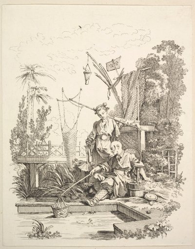 A Chinese Man and Woman Fishing by a Fishpond, 18th century by Gabriel Huquier