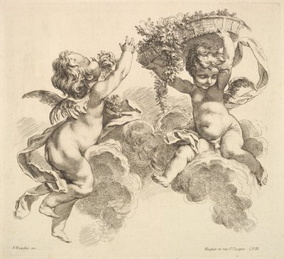 Two Children, One Holding a Basket with Flowers by Gabriel Huquier