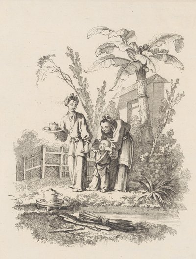 Two Women Leading a Child toward a Teapot on a Table near a Pond by Gabriel Huquier
