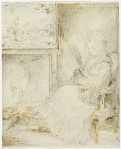 Woman Seated Holding a Cat on Her Knees by Gabriel Jacques de Saint Aubin