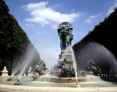 View of the fountain of the four parts of the world, or fountain of the observatory or even the Carpeaux fountain, located in Place Camille Jullian in Paris in the Marco Polo garden. This bronze fountain was built between 1867 and 1874 by architect Gabriel by Gabriel Jean Antoine Davioud