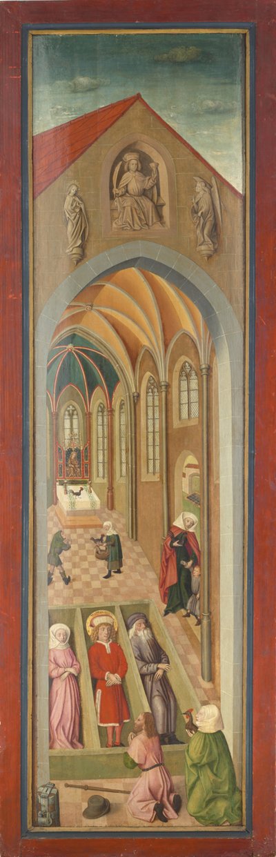 Panel of St. Vitus Altar from the Monastery Church of Tegernsee, The Saints Vitus, Modestus, and Crescentia in Their Coffins, Venerated by a Pilgrim Couple by Gabriel Maeleßkircher