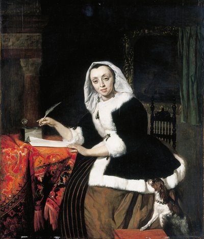 An Elegant Lady Writing at Her Desk, with a Dog Beside Her by Gabriel Metsu